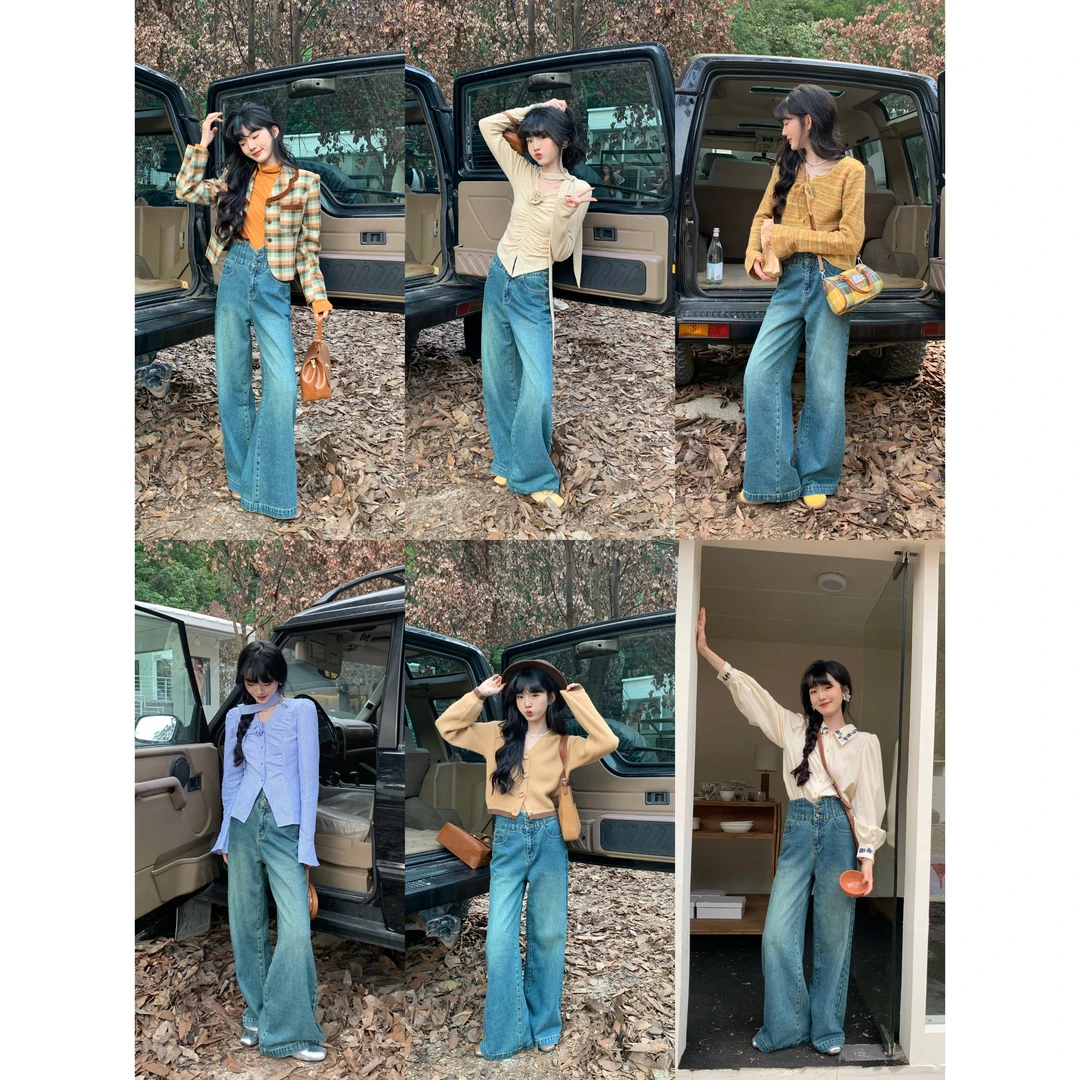 欣子野【秋日漫游】气质显瘦百搭港风法式设计阔腿牛仔裤 xz6031C