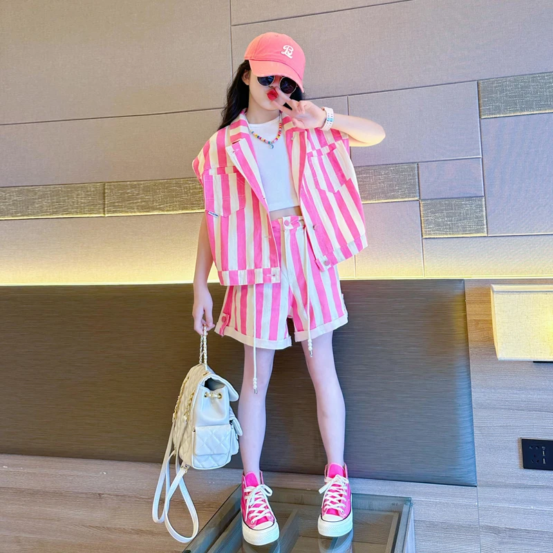 女童网红炸街夏装2024新款中大儿童多巴胺条纹套装夏季短裤两件套