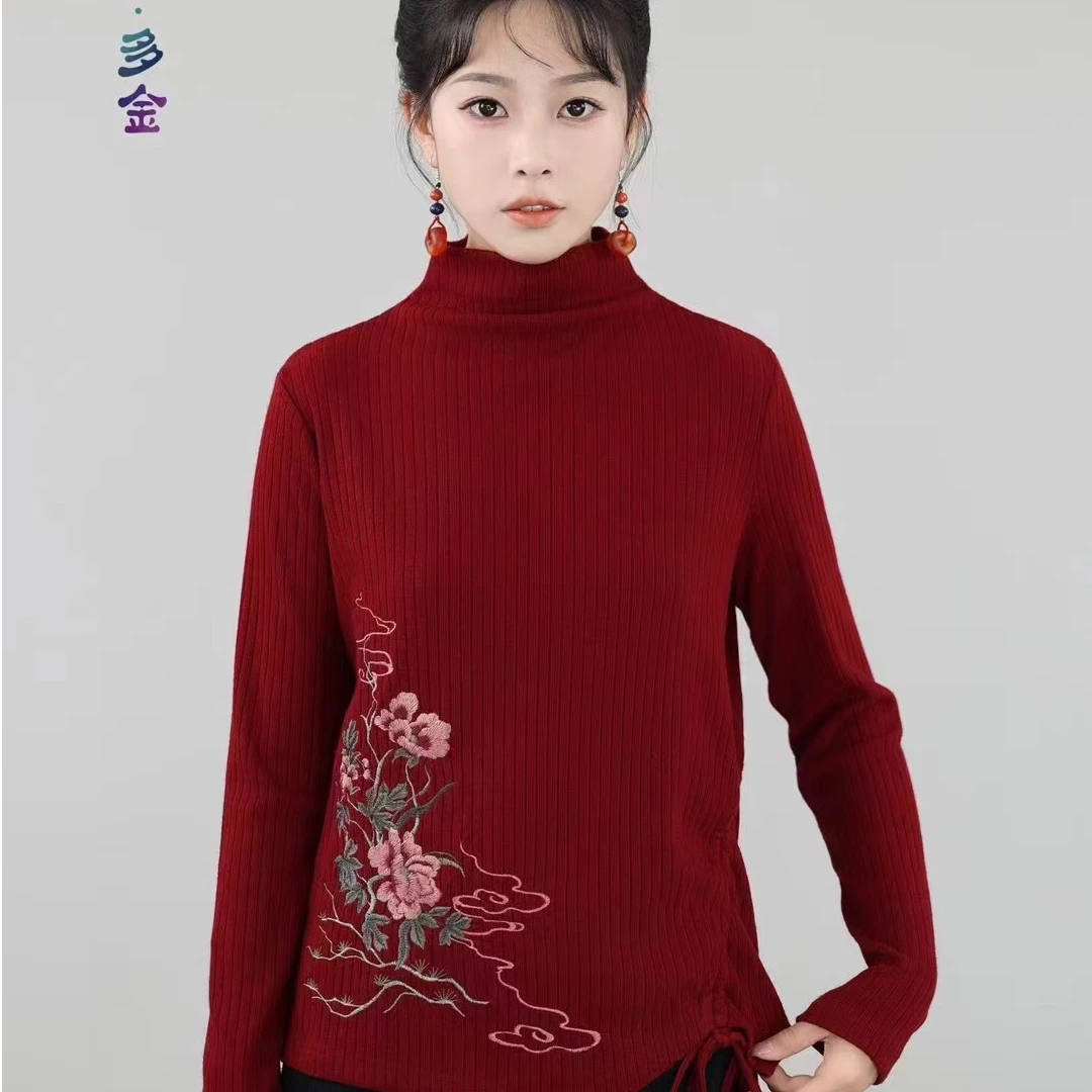 2024新款秋款中式国风立领下摆不规则抽绳针织毛衫打底衫