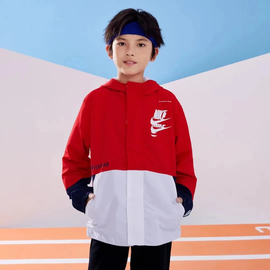 Nike耐克童装儿童男童休闲时尚舒适撞色上衣连帽梭织夹克外套J412