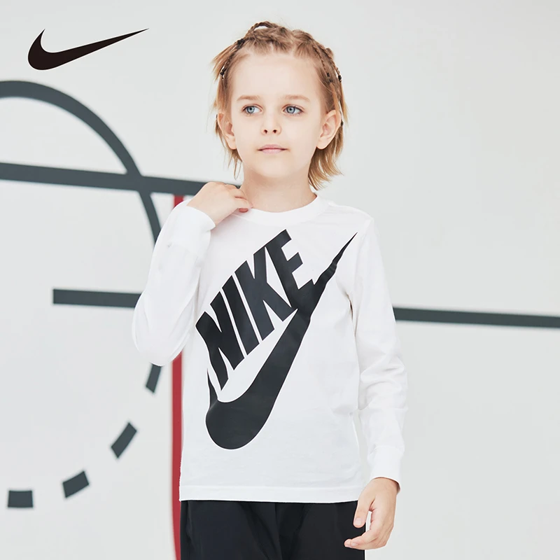 Nike 耐克童装男女童长袖T恤男童儿童圆领套头休闲印花春秋E011