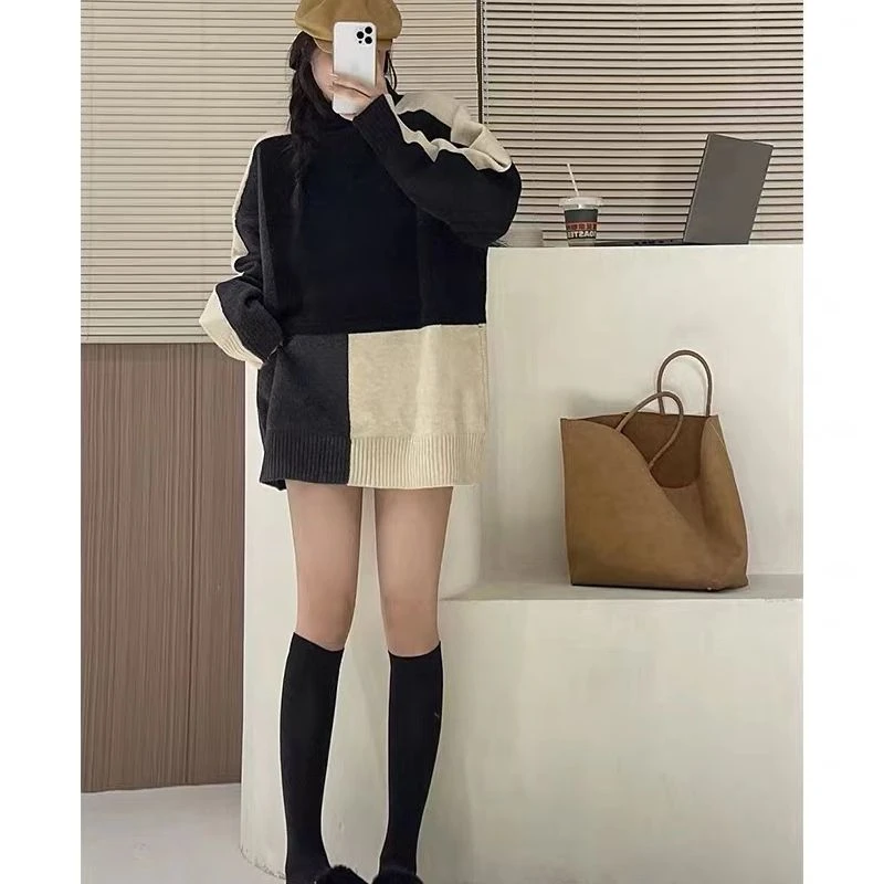 麦霓严选【韩范女主】冬季韩系慵懒风拼接针织毛衣女显瘦百搭7381