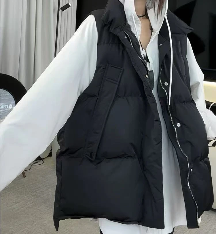 [麦霓严选]韩版甜酷时尚潮酷风立领斜插口袋棉服马甲外套女8176