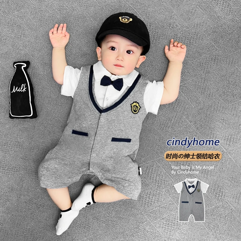 英伦风洋气婴儿连衣夏季时尚短袖绅士帅男宝宝满月百天爬服哈衣