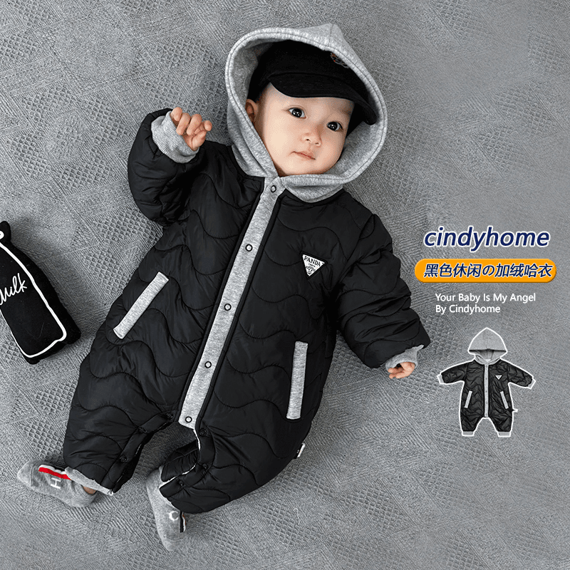 婴幼儿冬装连体衣棉服洋气连帽加绒加厚无骨哈衣爬爬服新生儿