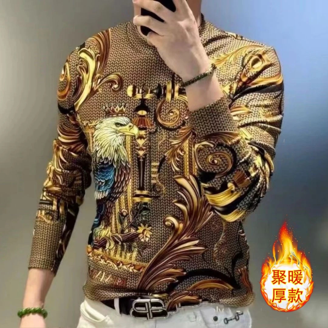 高奢新款春秋季保暖长袖t恤男款内搭上衣金鹰印花T男生贴身打底衫