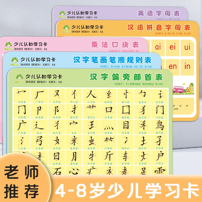 少儿认知学习卡 5册 卡片汉语拼音汉字偏旁部首笔画笔顺乘法口诀