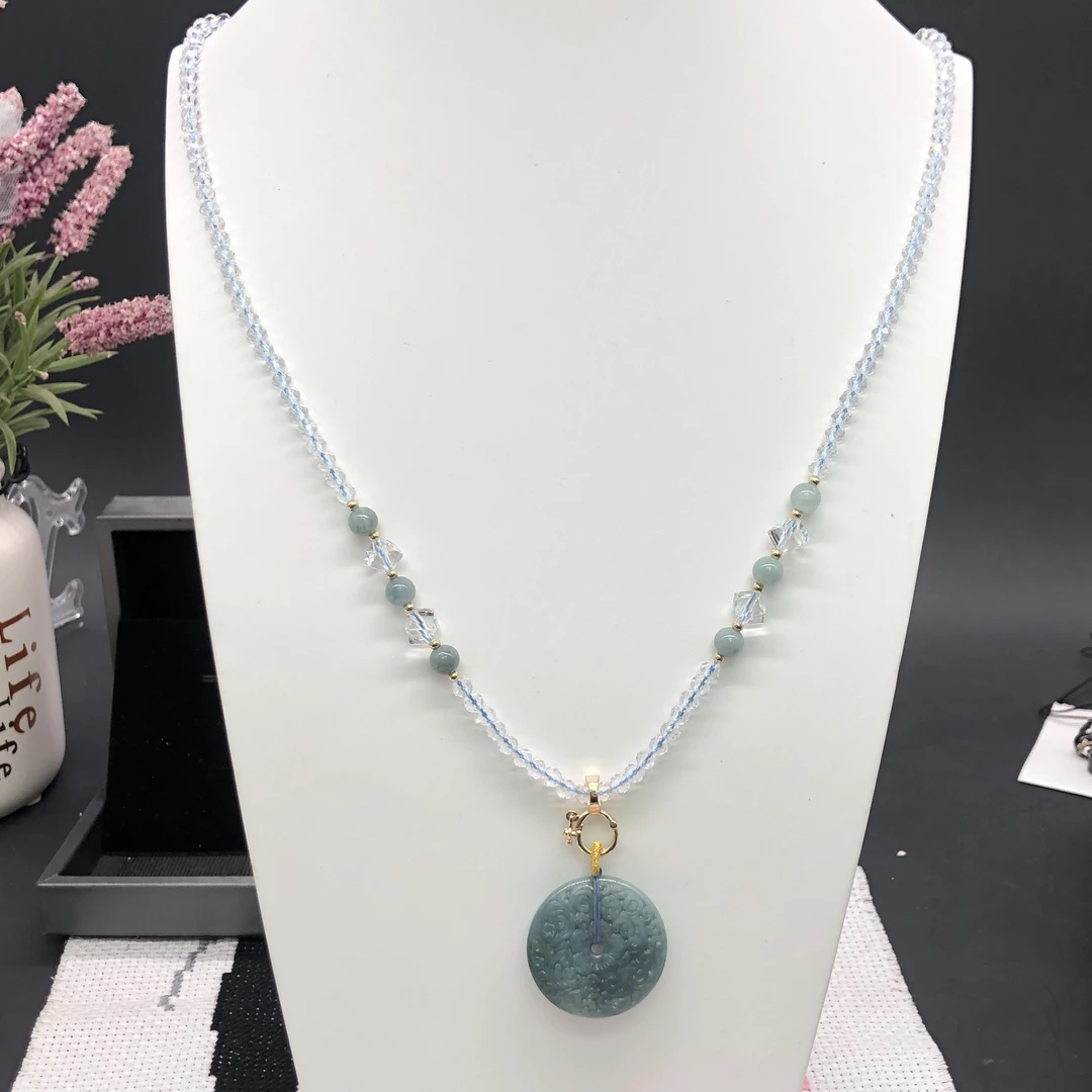 新款天然A货翡翠平安扣双面雕花毛衣链高档次气质百搭颈饰0063