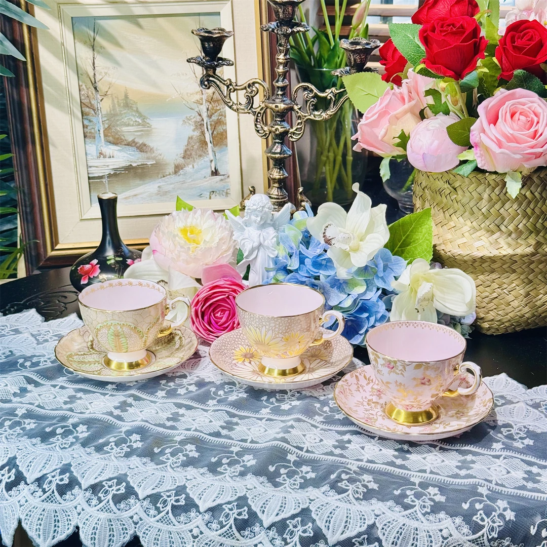 托斯卡纳 tuscan 全手绘粉釉满金花卉立座骨瓷咖啡杯碟高档英式