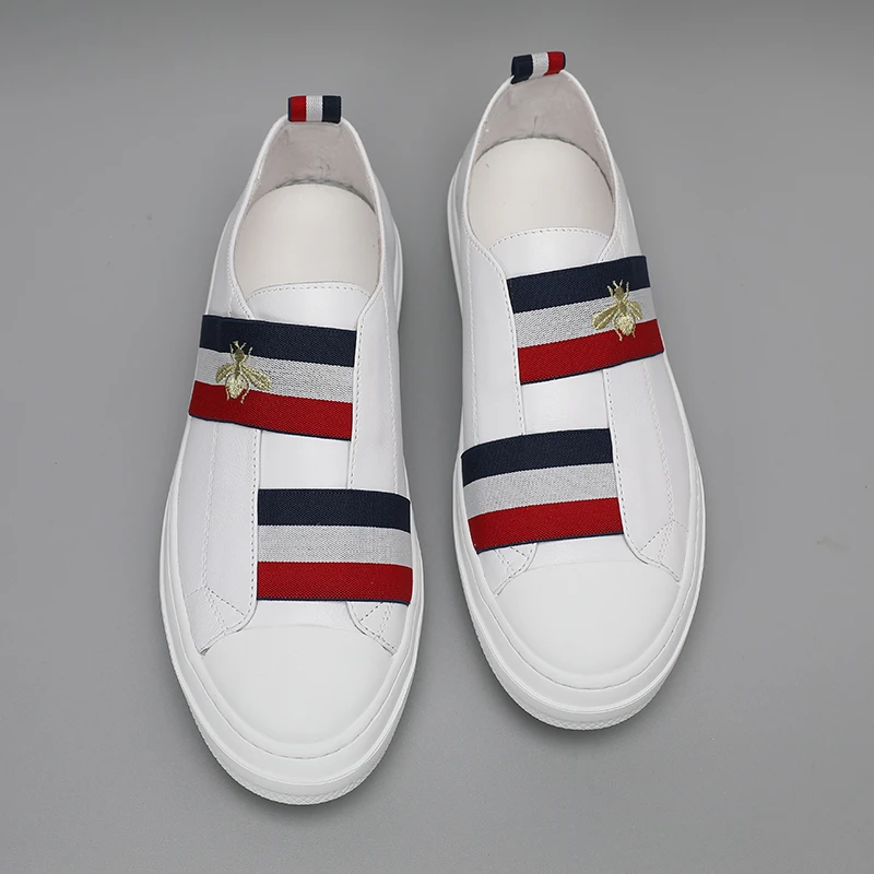 时尚白色休闲鞋简约红蓝条纹金色小蜜蜂刺绣男士小白鞋板鞋百搭