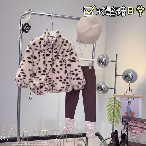 女童2024秋冬季新款洋气豹纹宽松加绒加厚立领外套-7177