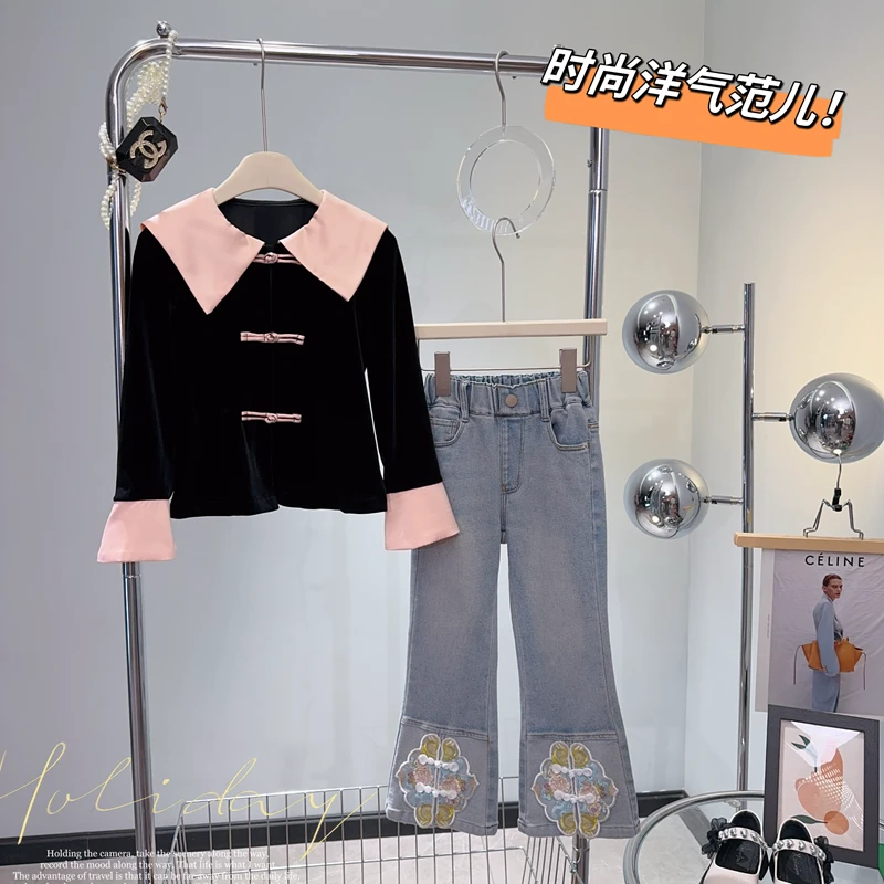 【奶茶家】2024女童新款秋季中式国风盘扣大翻领撞色上衣-6047