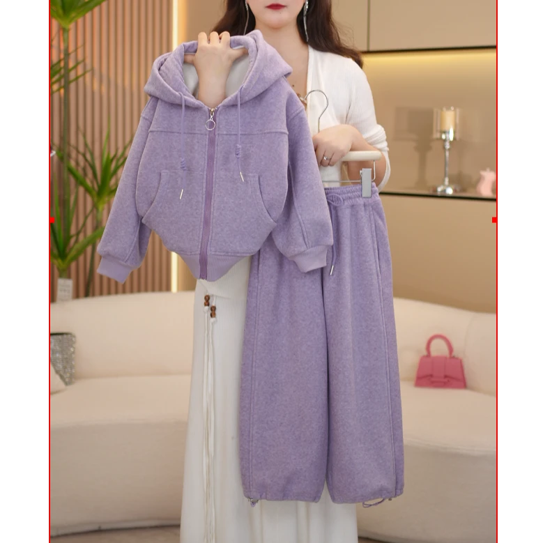 女童秋冬季2024新款时尚加绒加厚拉链休闲卫衣套装-7309