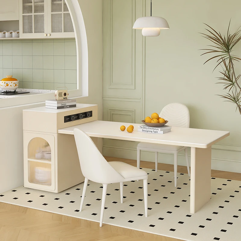 白色奶油风岛台餐桌一体可伸缩家用客厅餐桌小户型高级多功能