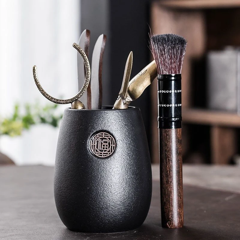 圆筒赐福黑陶六君子功夫茶具配件家用茶道茶夹茶针泡茶工具套装