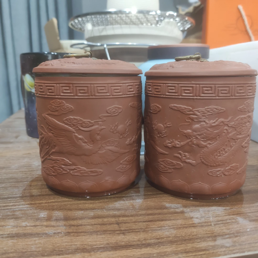 龙凤呈祥浮雕紫砂茶叶罐（一对装）密封储存陶瓷罐直筒国风茶道茶罐