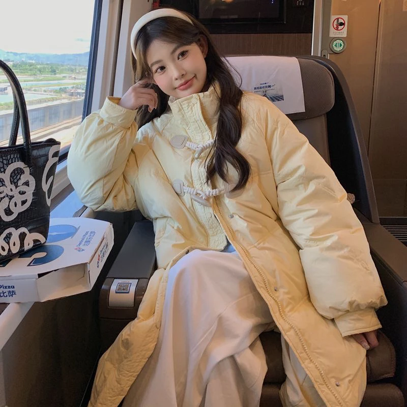 时尚牛角扣韩版棉服2025冬季新款加厚长款宽松外套ins