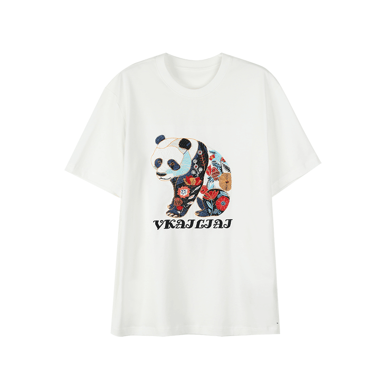 300克纯棉男款熊猫刺绣变色工艺T恤0513