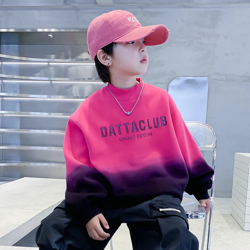 男童撞色扎染加绒半高领卫衣秋冬款儿童洋气一体绒保暖上衣中大童