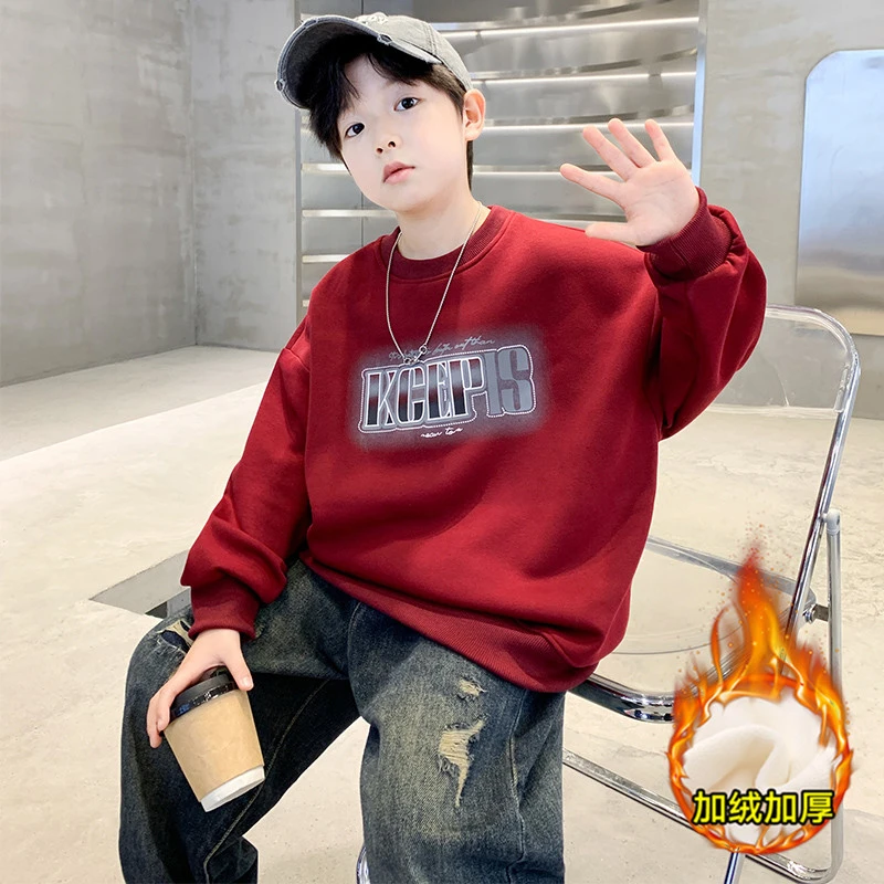 男童红色字母加绒加厚卫衣秋冬2025新款儿童保暖一体绒上衣中大童