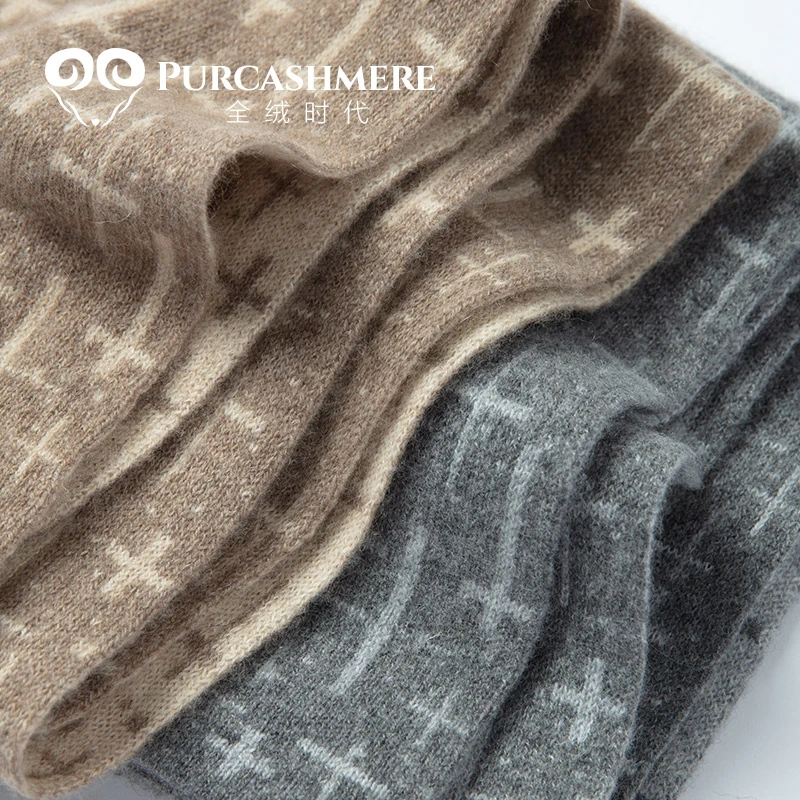 全绒时代Pure cashmere 十字提花羊绒围巾女针织围巾秋冬保暖百搭