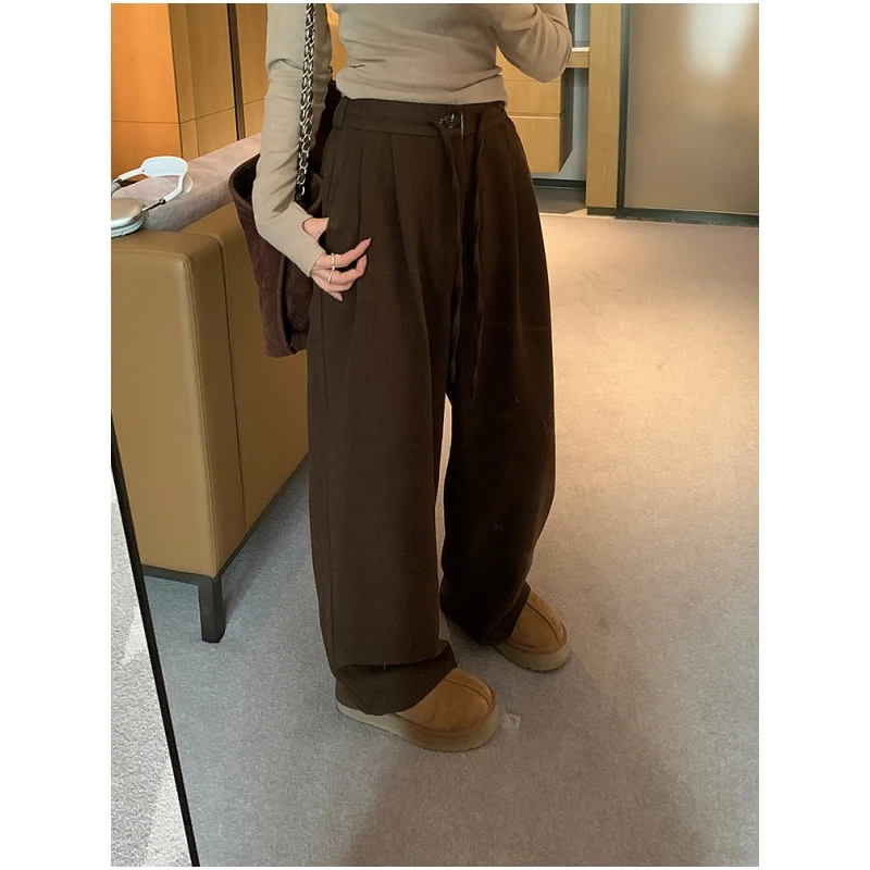 韩11美拉德糯米裤毛呢休闲西装裤女秋冬宽松直筒阔腿裤百搭长裤子