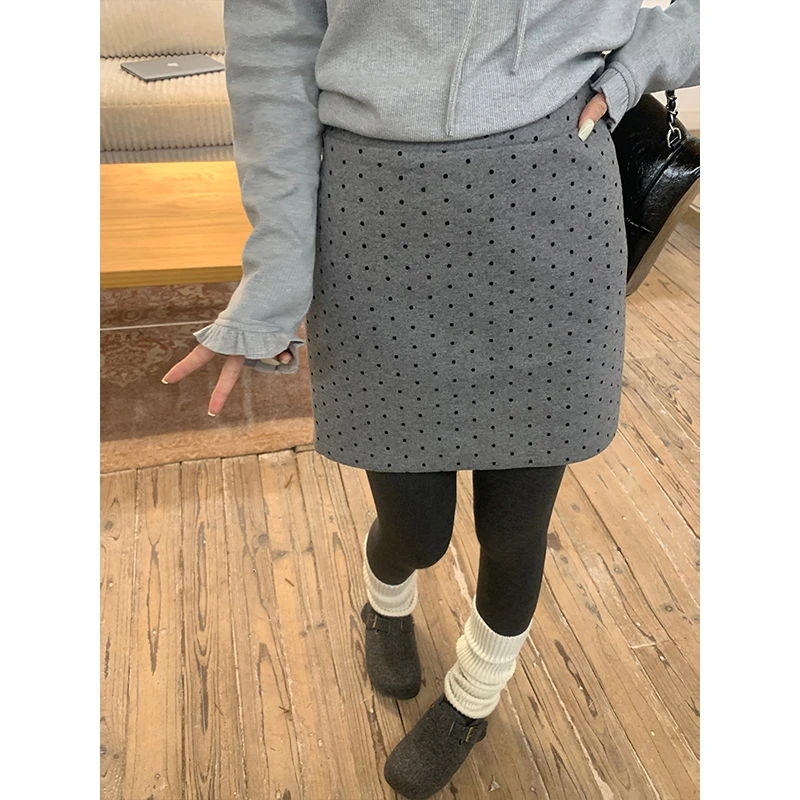 miu系毛呢波点半身裙女小个子ju好搭高腰显瘦包臀防走光短裙