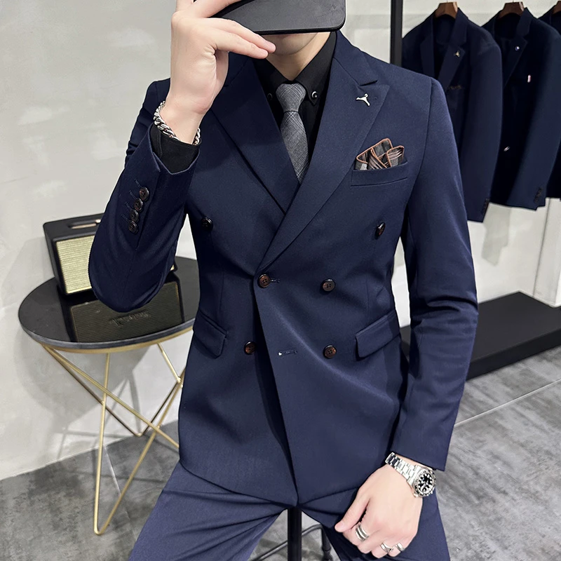 高品双排扣西服套装男士韩版职业商务净版小西装修身婚庆礼服正装