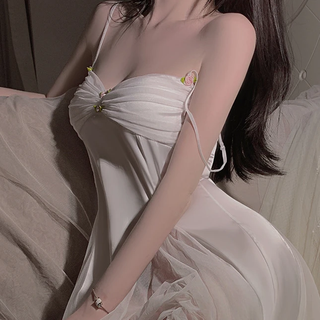 颜事局【午夜】薄款性感睡衣女吊带纯色诱惑网纱透视美背镂空睡裙