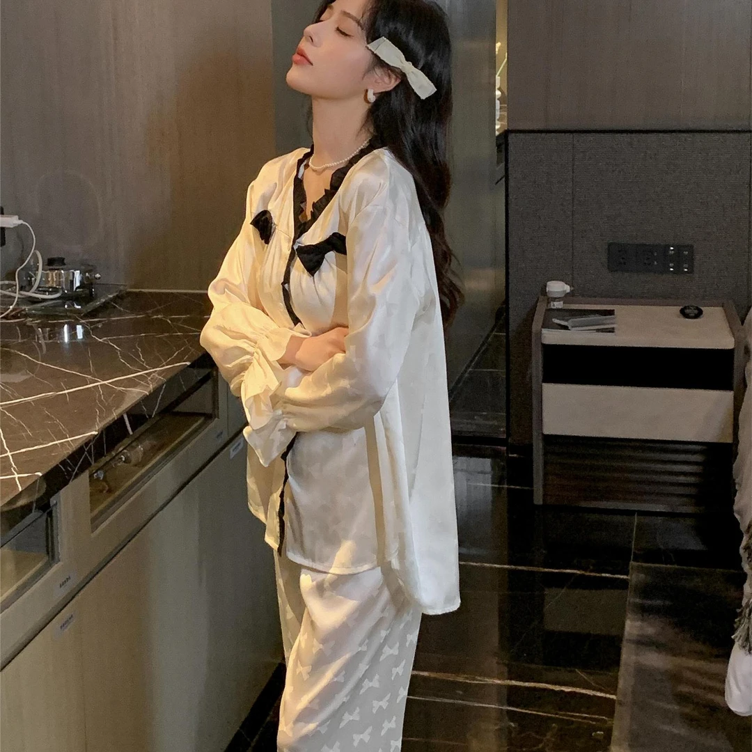 颜事局【小香】冰丝提花秋季新款睡衣女高级感蝴蝶结长袖宫廷风少女