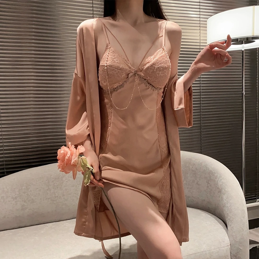颜事局【芙蓉】新款性感冰丝蕾丝显瘦睡裙女带胸垫镂空吊带睡裙纯色