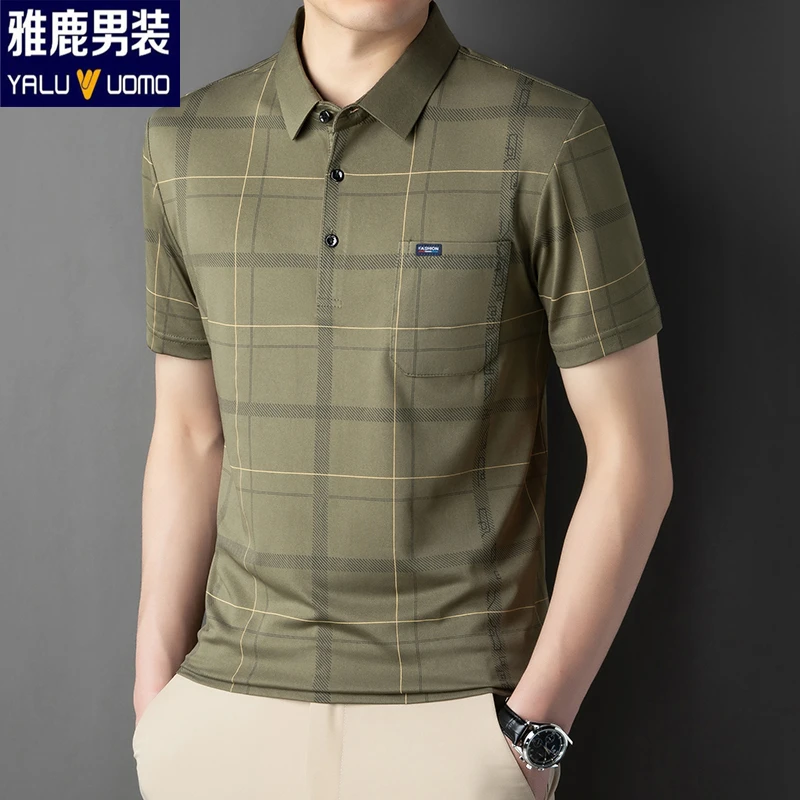 雅鹿男装男士男装polo休闲夏季格子商务翻领男士休闲夏季半袖中年