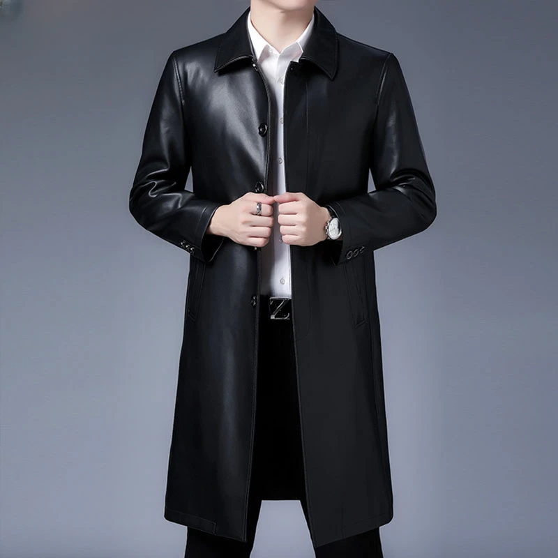 恒源祥真皮皮衣男士过膝长款皮风衣翻领秋冬新款爸爸装皮大衣外套