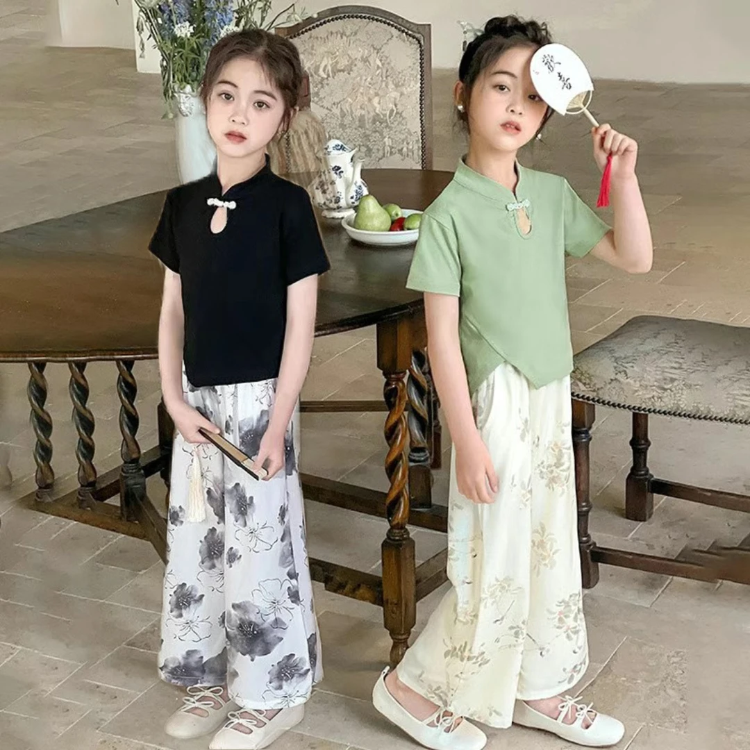 女童国风短袖T恤阔腿裤套装2024夏款盘扣新中式中国风复古套装G