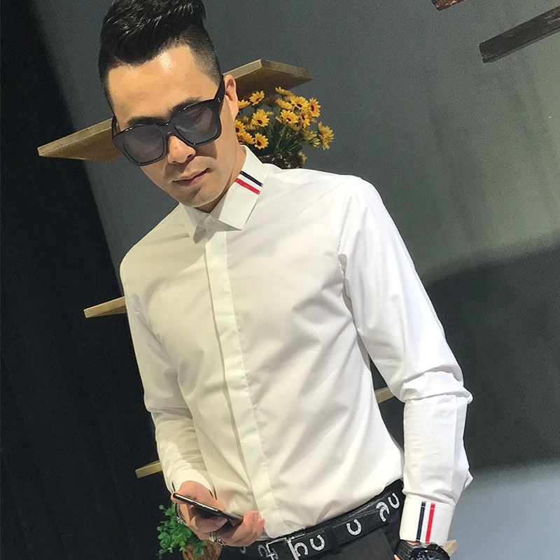 2025新款男士修身个性织带拼接长袖衬衫潮牌百搭白色时尚免烫衬衣