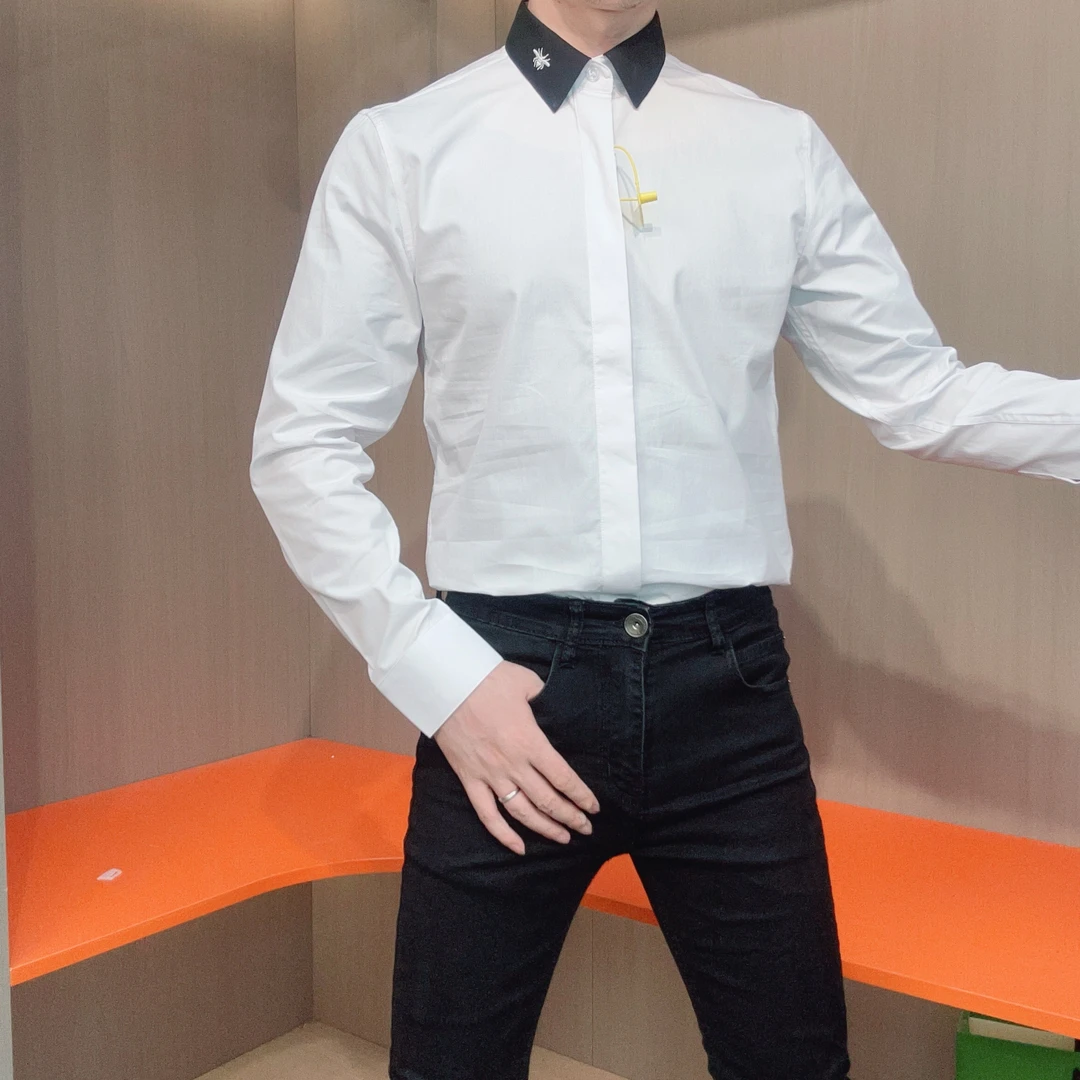 领子小蜜蜂刺绣拼色免烫衬衫男秋冬新款男士修身帅气百搭长袖衬衣