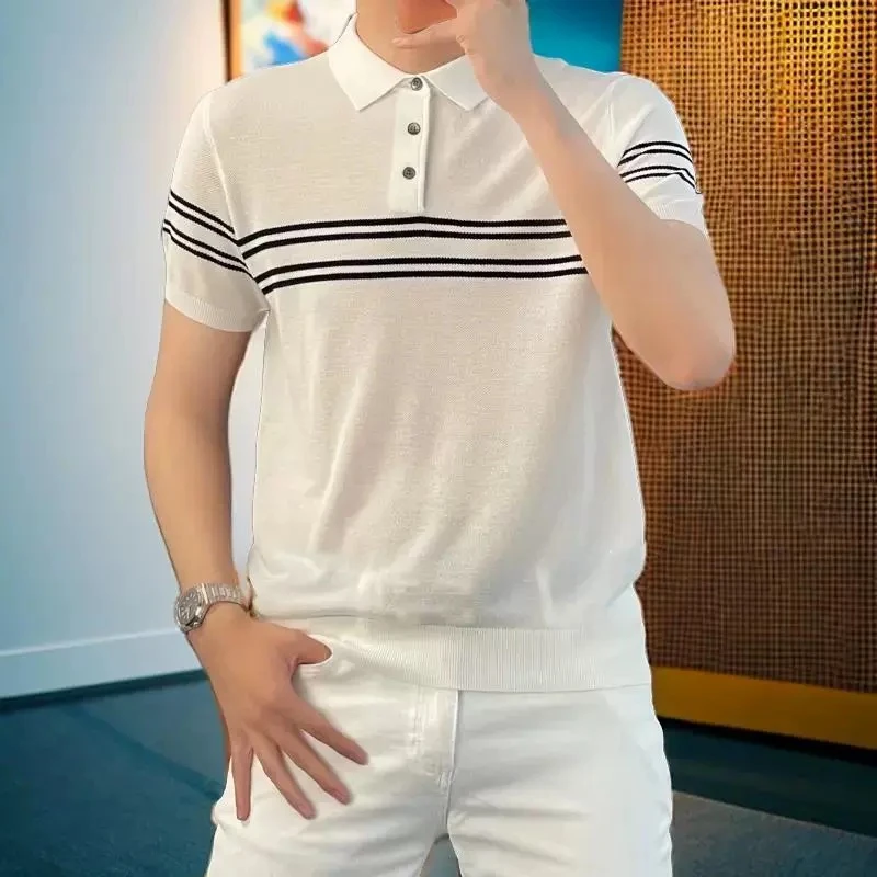 条纹印花冰丝短袖POLO衫男2024夏季新款男士修身简约百搭薄款上衣