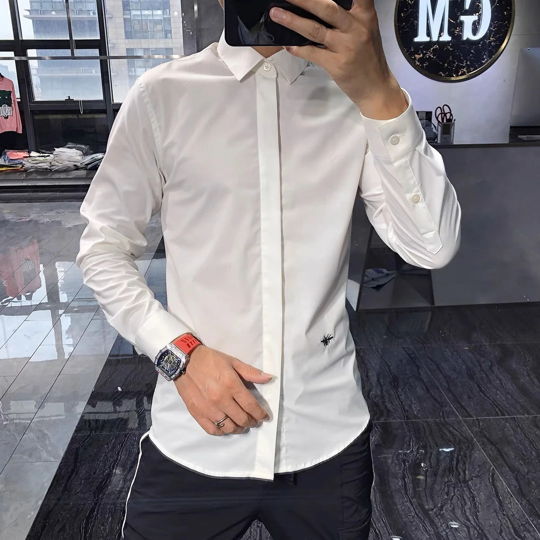 2025秋季新款男士修身个性小蜜蜂长袖衬衫潮牌百搭帅气免烫衬衣男