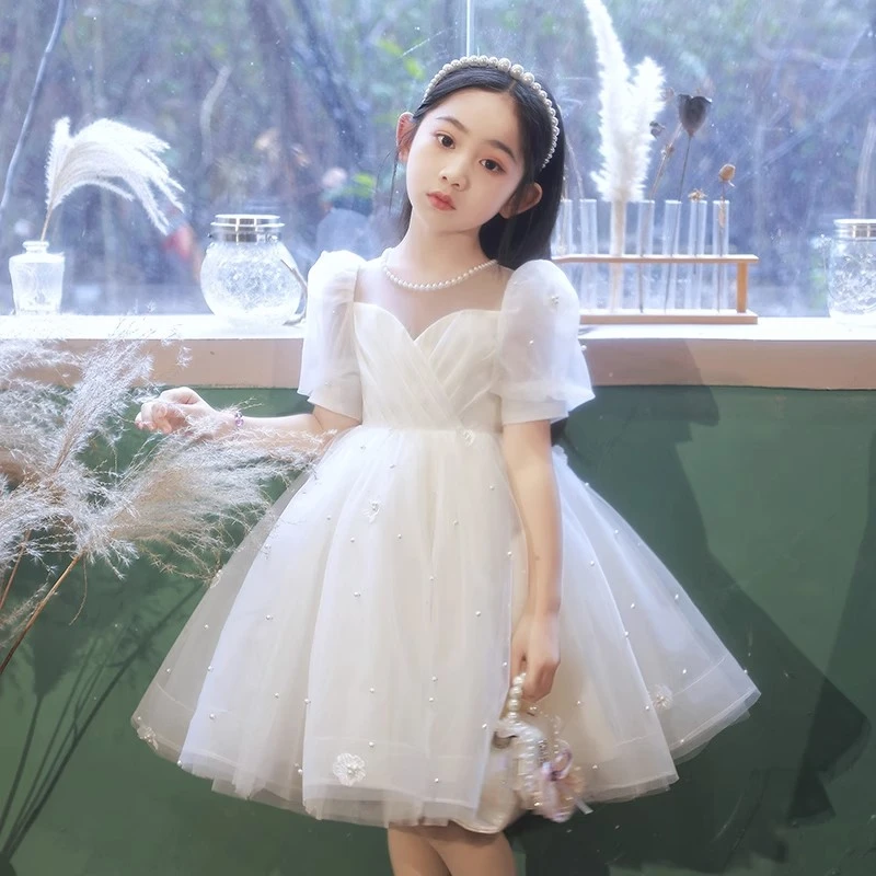 女童2025夏装连衣裙小女孩花童洋气生日蓬蓬白纱儿童主持演出礼服