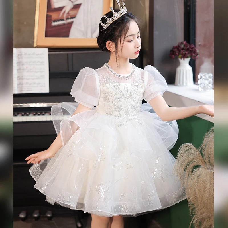 女童夏季高端礼服公主裙小女孩主持花童婚礼走秀蓬蓬纱演出连衣裙