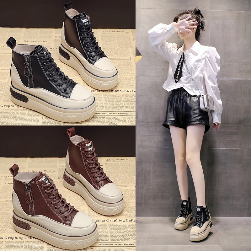 高帮休闲鞋女百搭内增高女鞋小个子2025新款春夏季厚底短靴马丁靴
