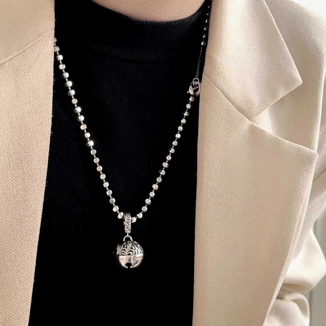 吊坠925银 S925纯银唐草纹铃铛吊坠个性做旧一体扣吊坠时尚配饰