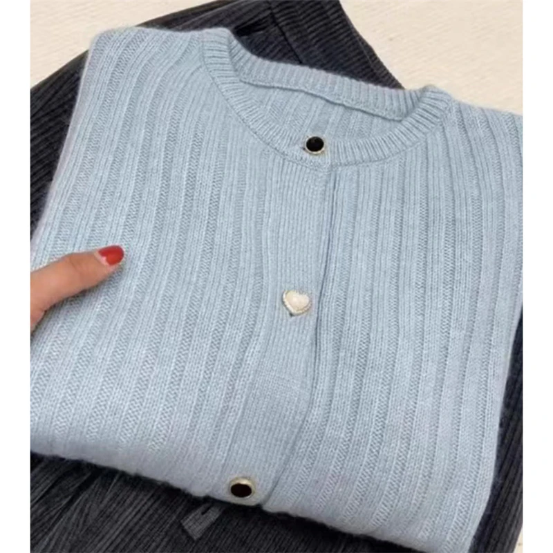 秋冬淡蓝色长袖针织衫气质小香风宽松圆领开衫毛衣女