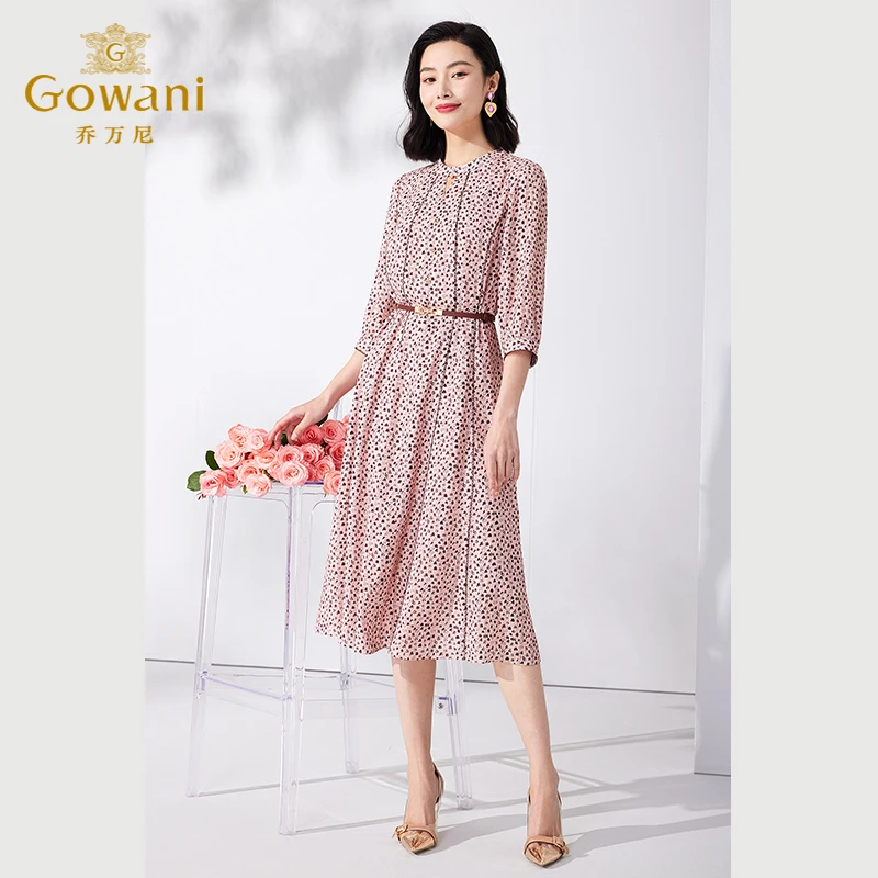 Gowani/乔万尼桑蚕丝女装气质显瘦提花撞色收腰连衣裙ET2E216103