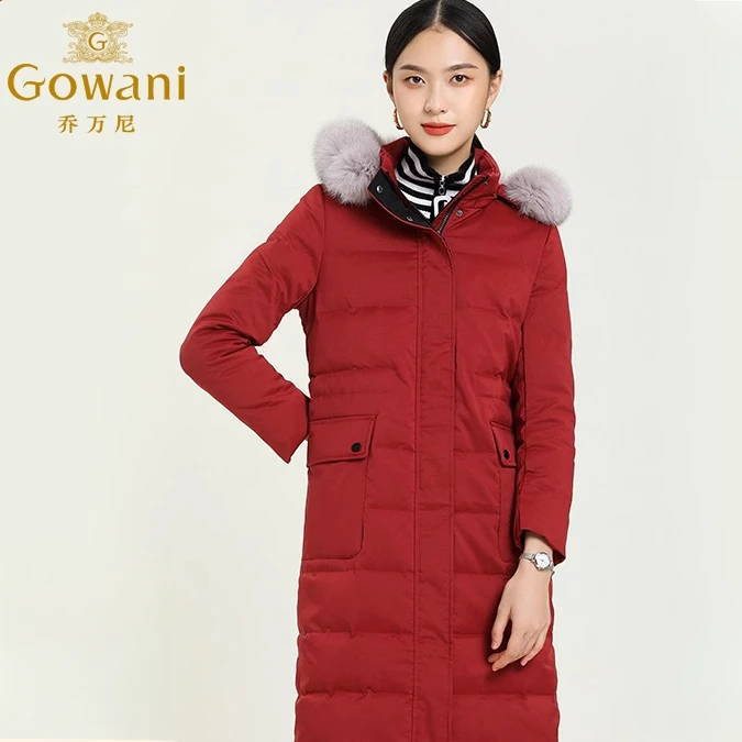 乔万尼专柜冬季新款红色羽绒服女士修身保暖大码外套过膝长款韩版