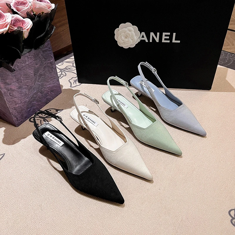 仙女绸缎细跟通勤气质包头凉鞋后绊带后空单鞋春夏新款尖头小皮鞋