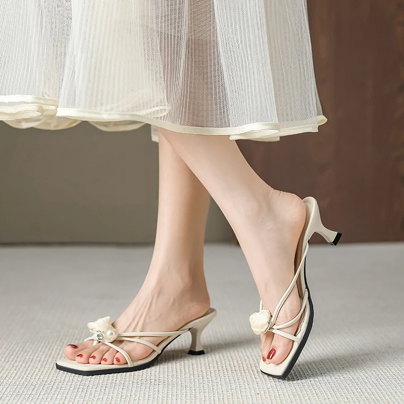 法式气质拖鞋夏季新款方头露趾高跟鞋细跟夹趾凉拖鞋外穿