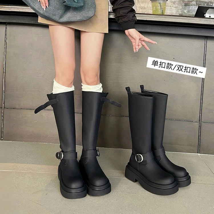 皮带扣不过膝长筒靴女2025秋冬圆头百搭厚底增高黑色高筒骑士靴