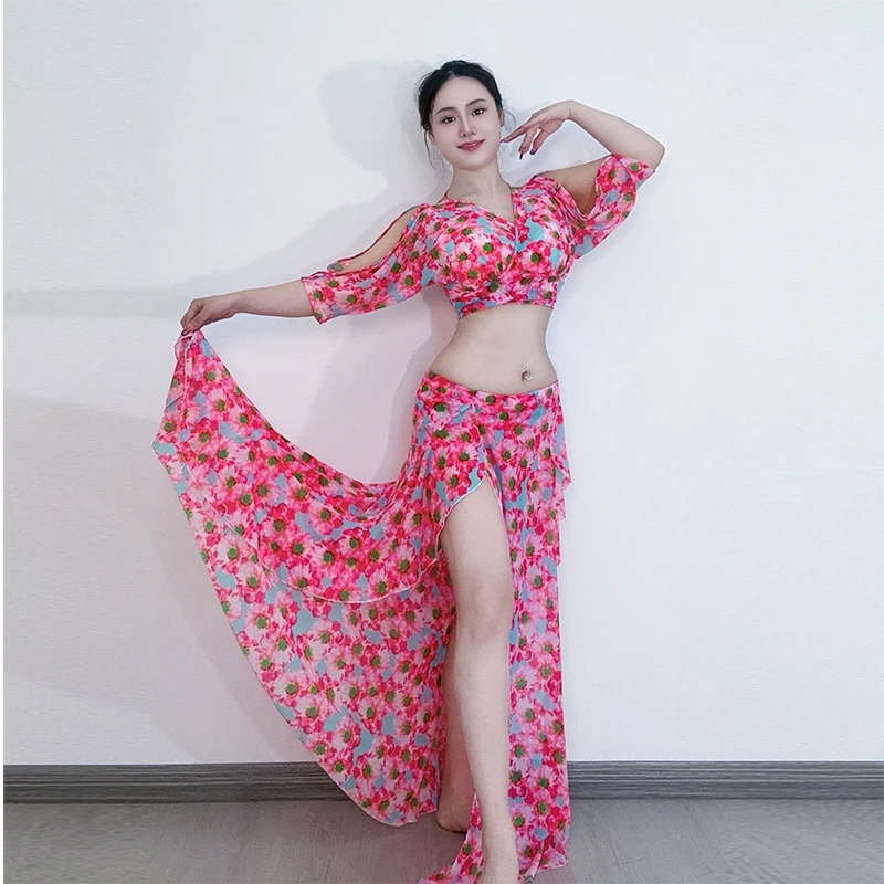 东方肚皮舞练功服2024新款印花飘逸网纱性感洋气鱼尾裙演出服团服