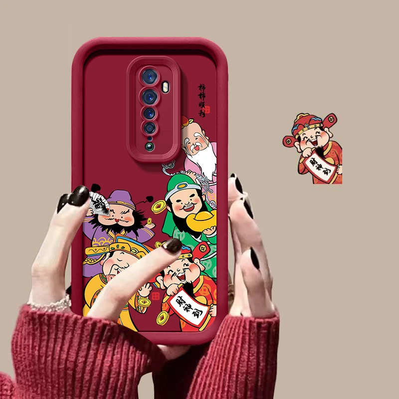 五路财神适用OPPOReno2手机壳PCKM00全包边卡通新款液态硅胶防摔